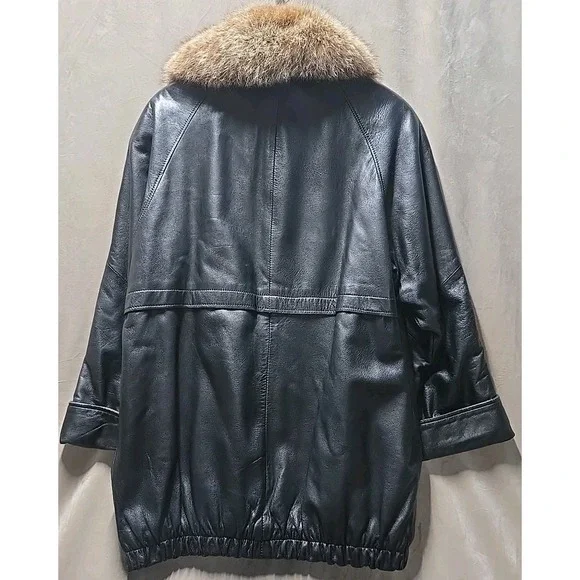 Vintage Y2K LNR Black Leather‎ Fur Collar Zip Front Jacket Size Medium